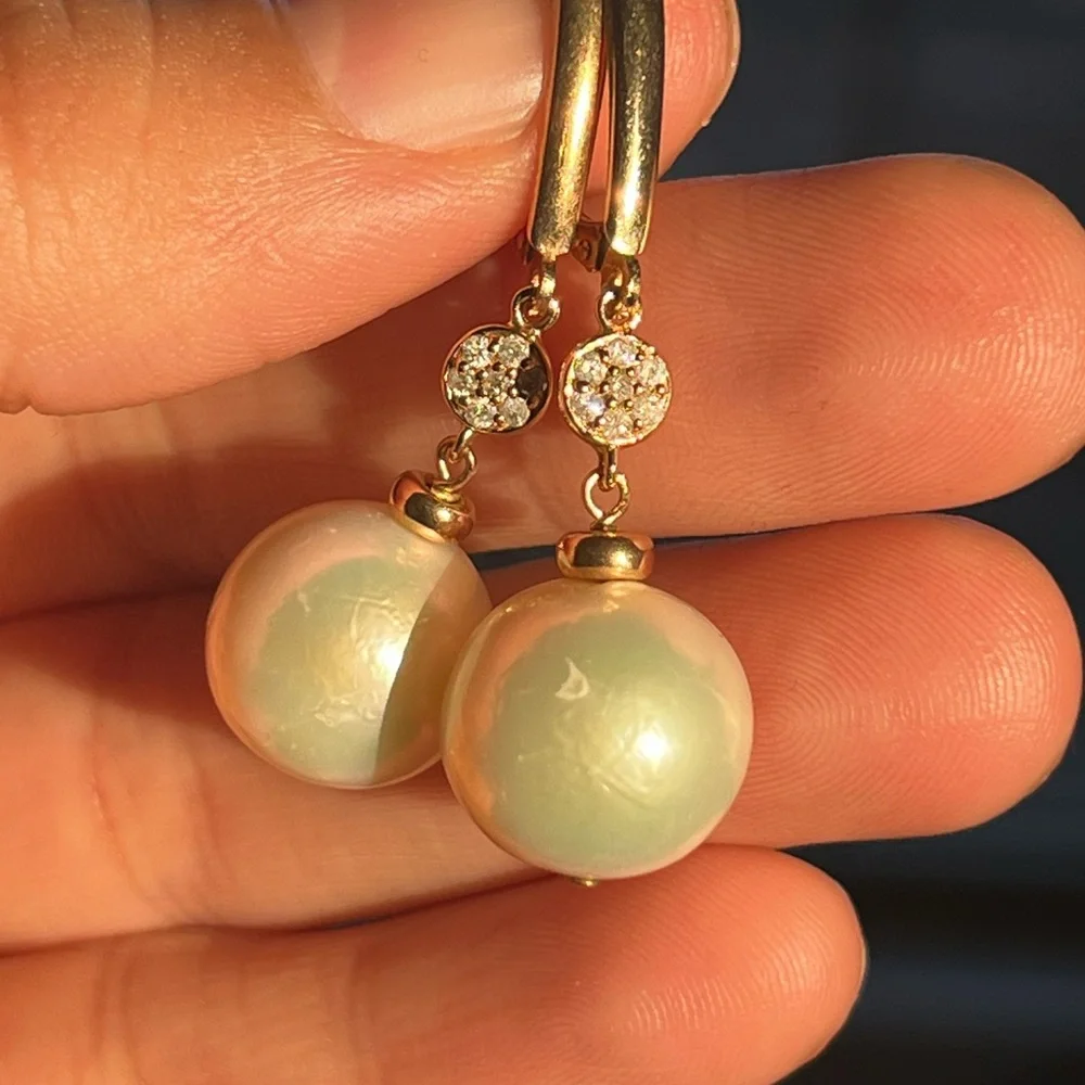 14k Large South Sea Pearls and Diamond earrings - Picture 2 of 9